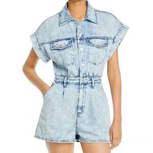 BLANK NYC denim romper utility short sleeve button down pockets acid light wash
